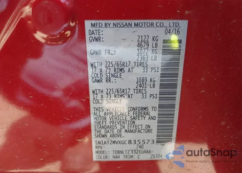 2016 Nissan Rogue Sv from USA, damaged, VIN 5N1AT2MVXGC835573